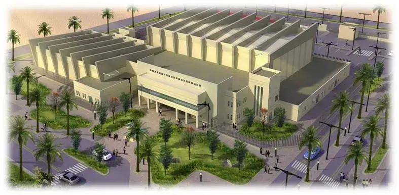 Architectural visualisation of the indoor sports hall at Al Hariq Sports Club with a ribbed roof and palm-lined arrival space