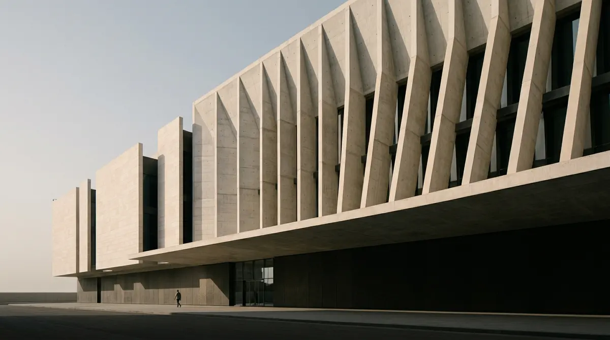 Conceptual architectural study of a monumental limestone building and rhythmic structural fins
