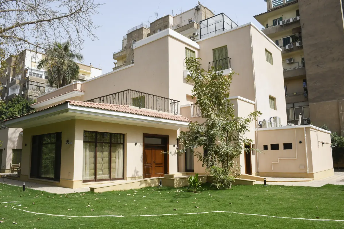Garden-facing exterior photograph of the Bahrain Ambassador’s Residence in Zamalek