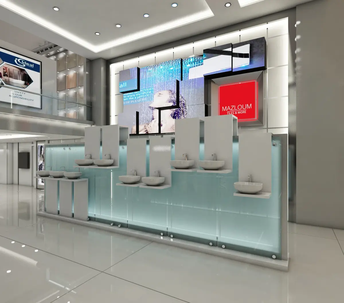 Interior visualisation of the Mazloum Citystars sanitaryware display with glass panels and layered lighting