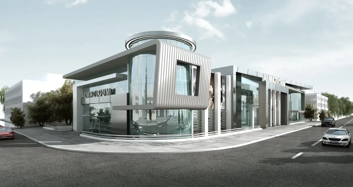 Architectural visualisation of Mazloum Mall in Tanta showing its rounded street corner and glazed shopfronts