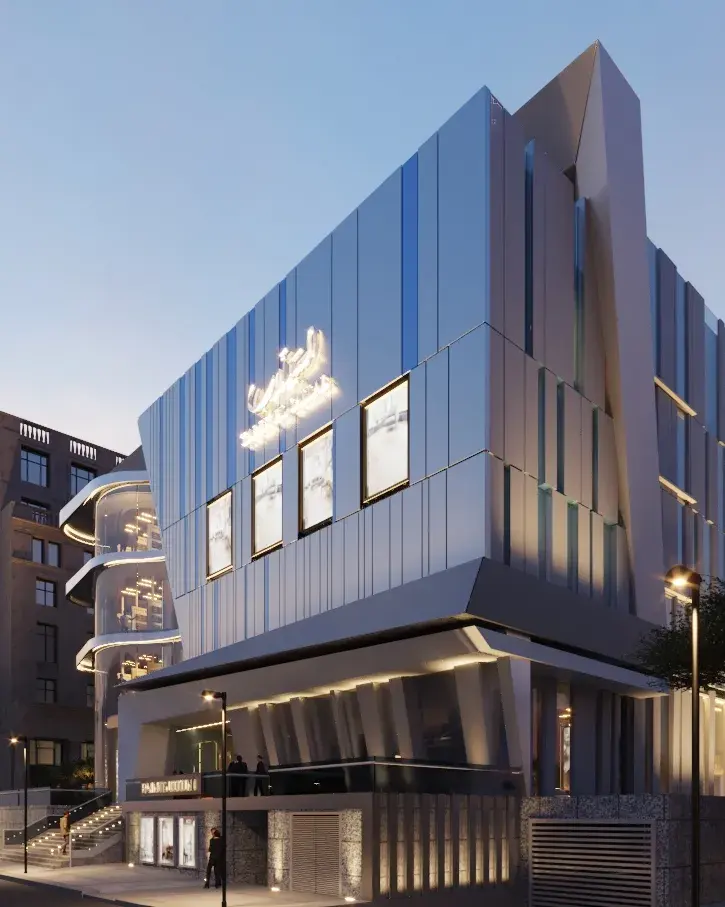 Sallaab Mall in New Cairo, exterior photograph showing the vertical façade and glazed display openings