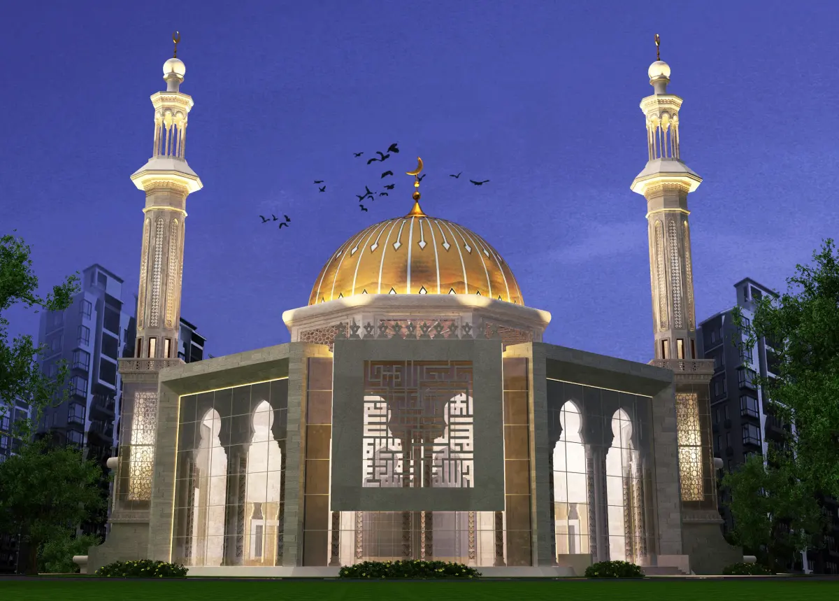 Architectural visualisation of Tarek Sallab Mosque showing the central dome, paired minarets and patterned façade